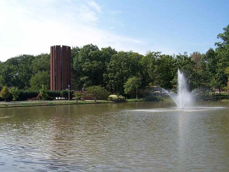 Pond, fountain, and Eve Chapel